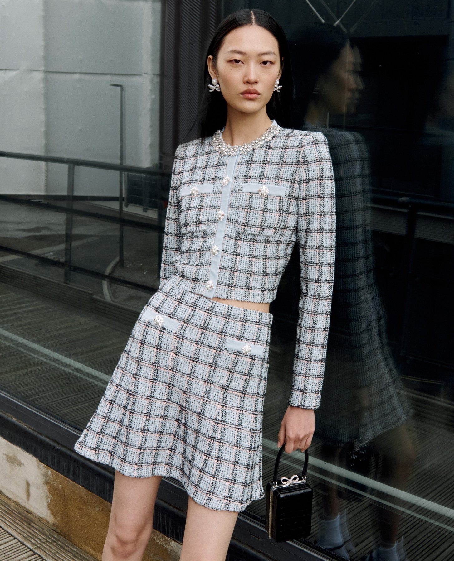 Blue Check Knit Mini Dress