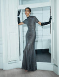 Gunmetal Rhinestone Mesh Maxi Dress
