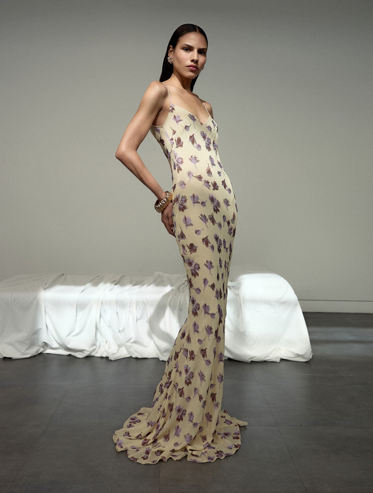 Yellow Floral Rhinestone Maxi Dress
