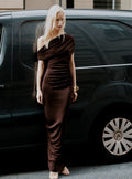 Brown Draped Knit Midi Dress