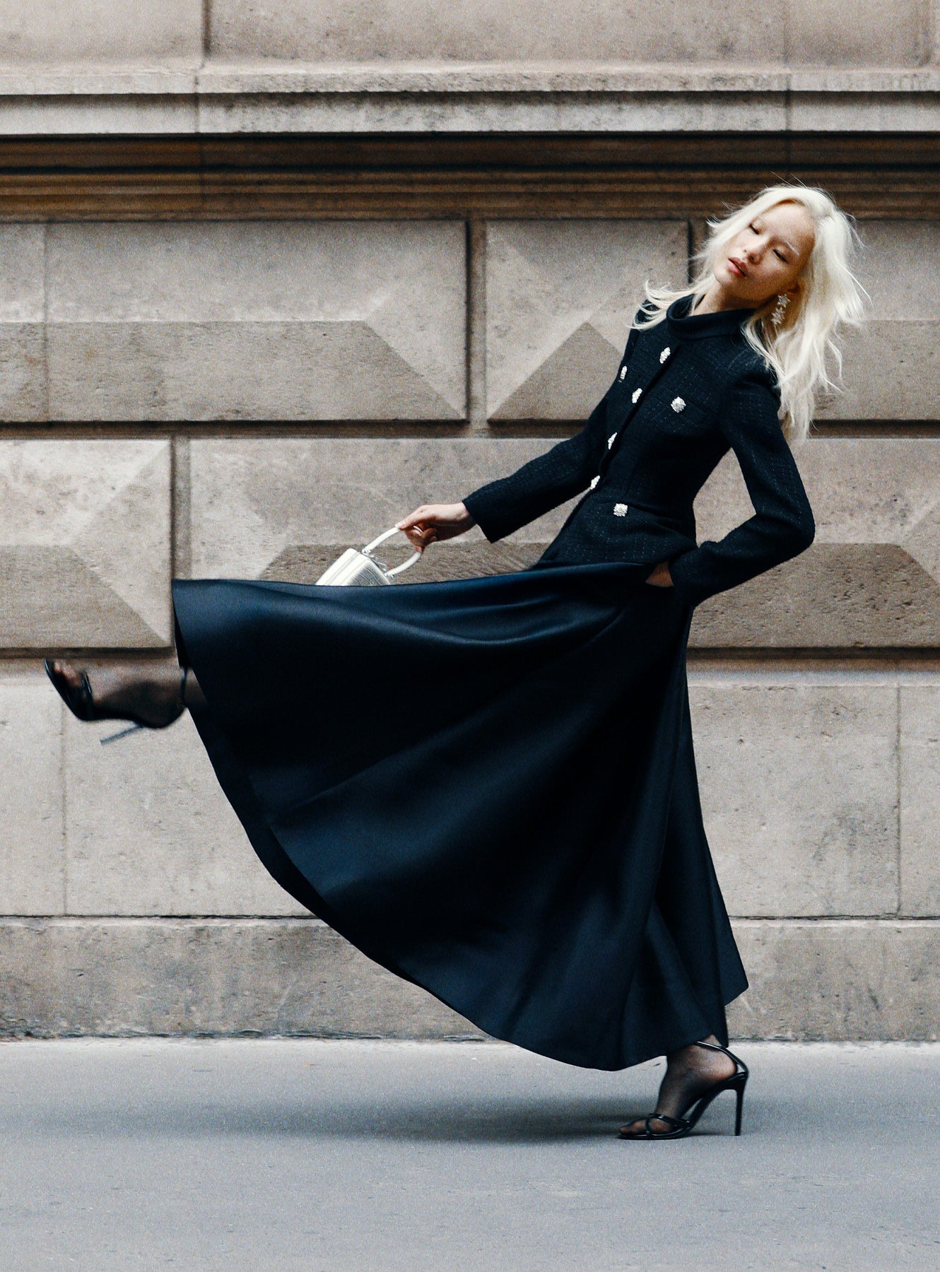 Black Boucle Taffeta Midi Dress