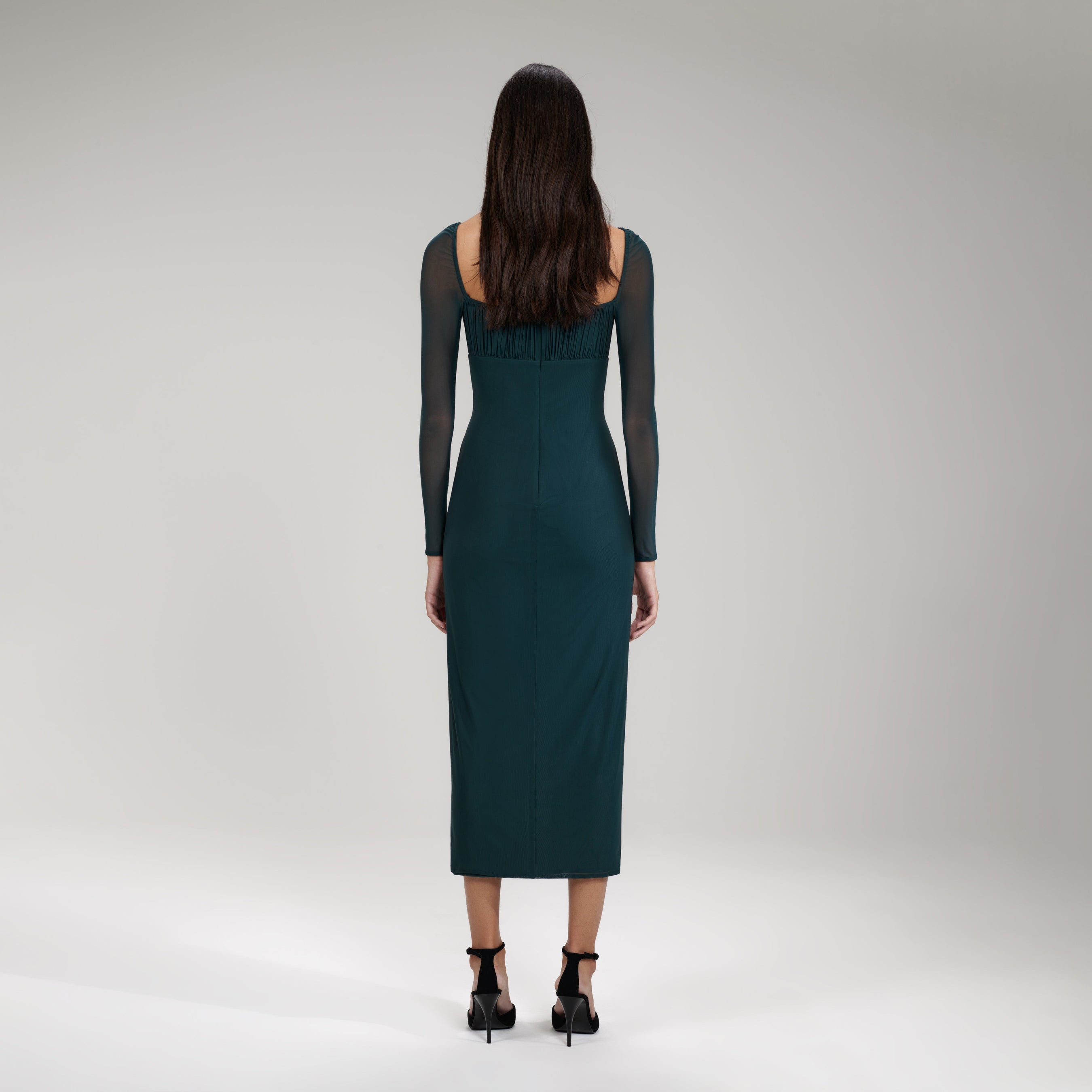 Dark Green Powermesh Ruched Midi Dress