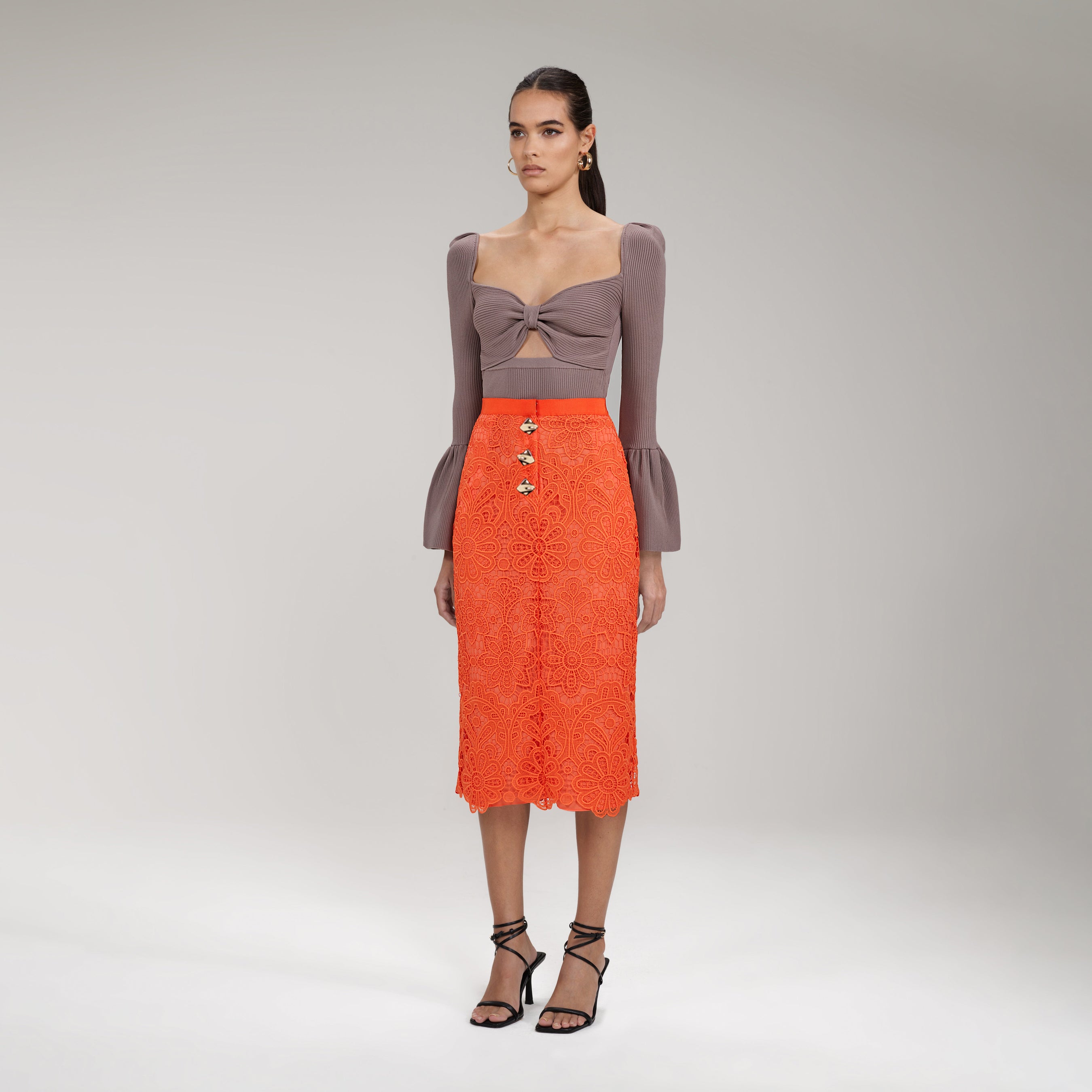 Orange Floral Guipure Midi Skirt