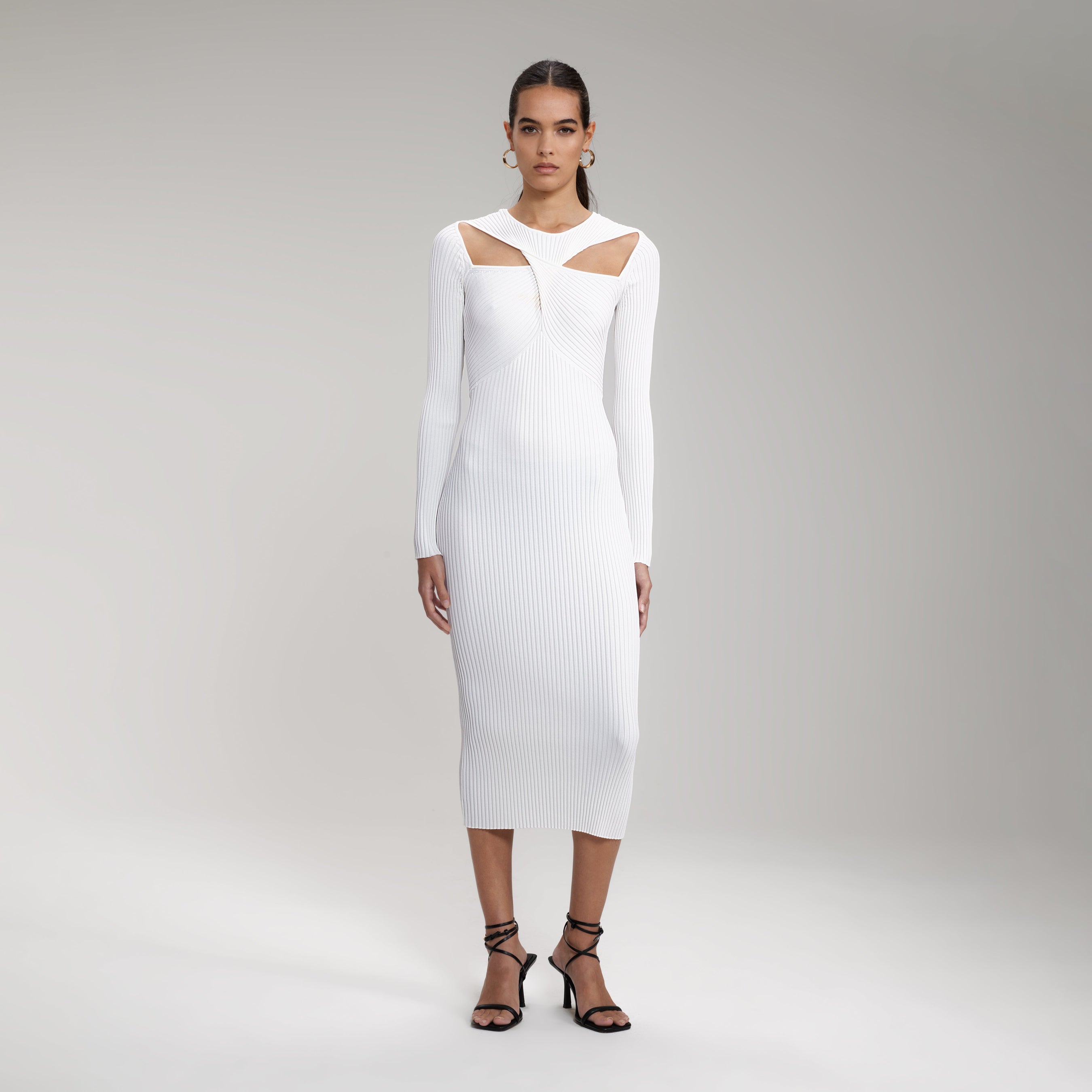 White Ribbed Knit Cut Out Midi Dress