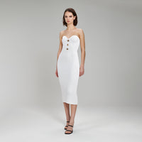 White Strapless Ribbed Knit Midi Dress