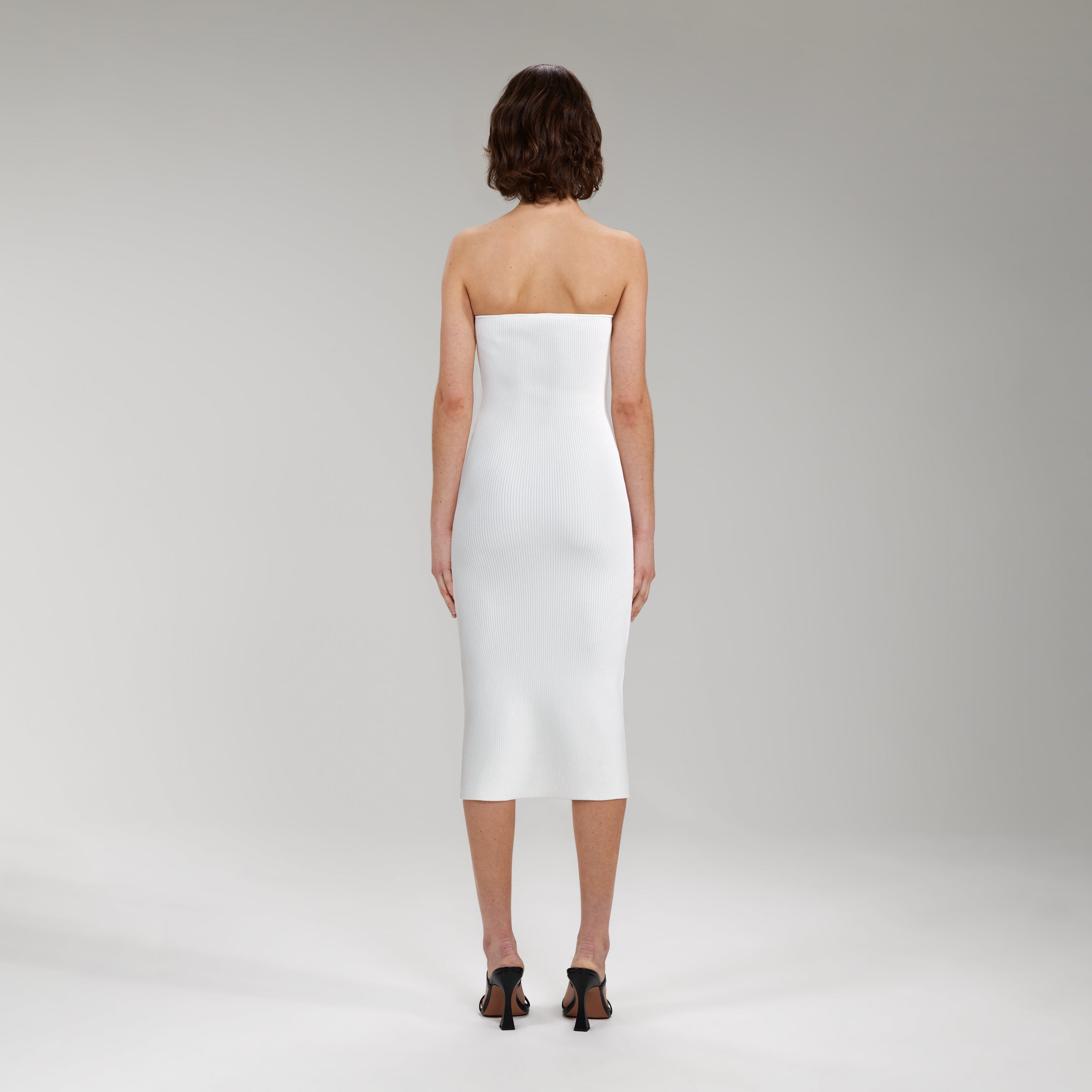 White Strapless Ribbed Knit Midi Dress