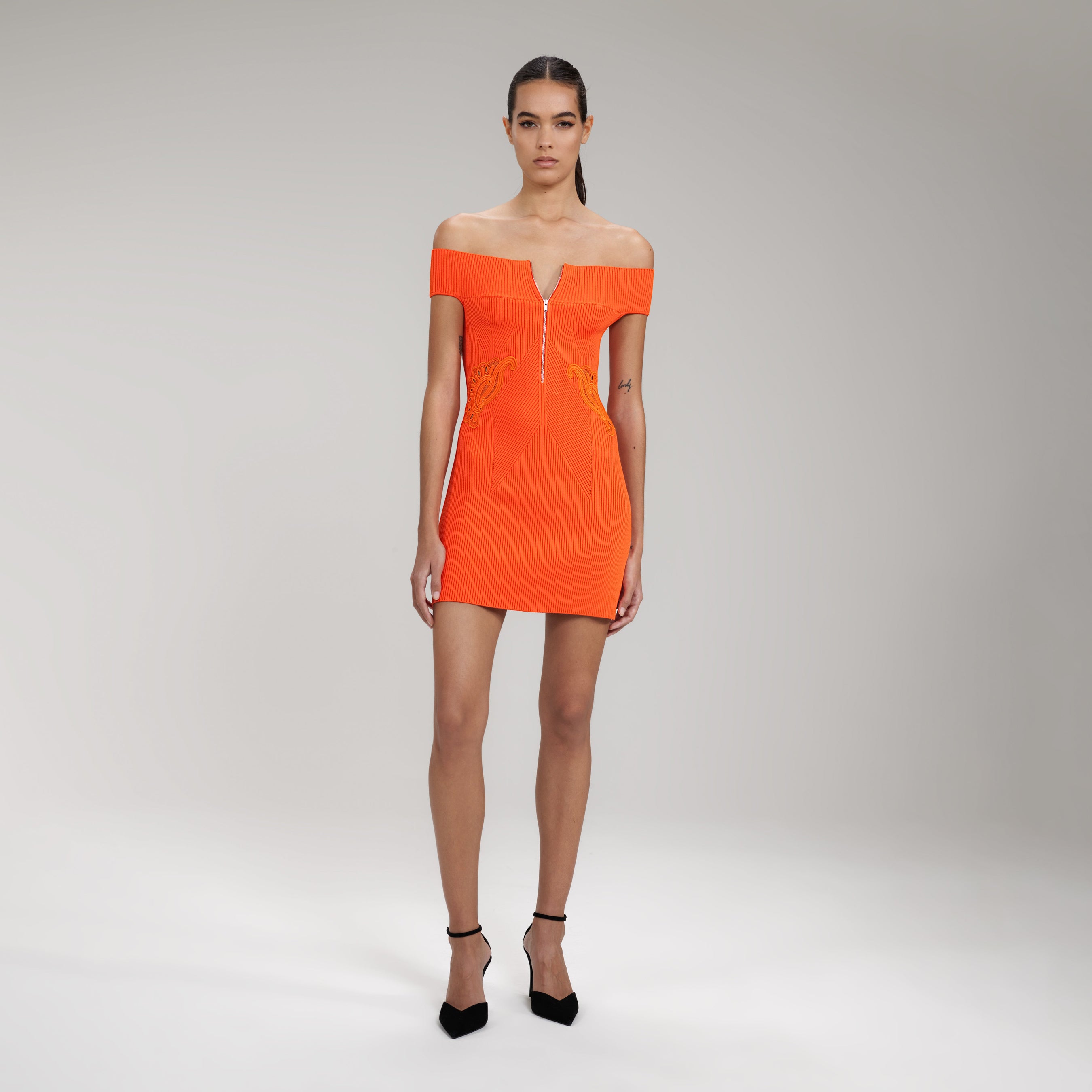 Orange Inserted Lace Ribbed Knit Mini Dress