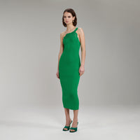 Bright Green One Shoulder Ribbed Knit Midi Dress