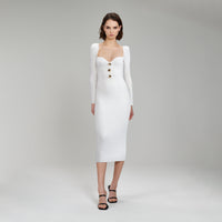 White Long Sleeve Ribbed Knit Midi Dress