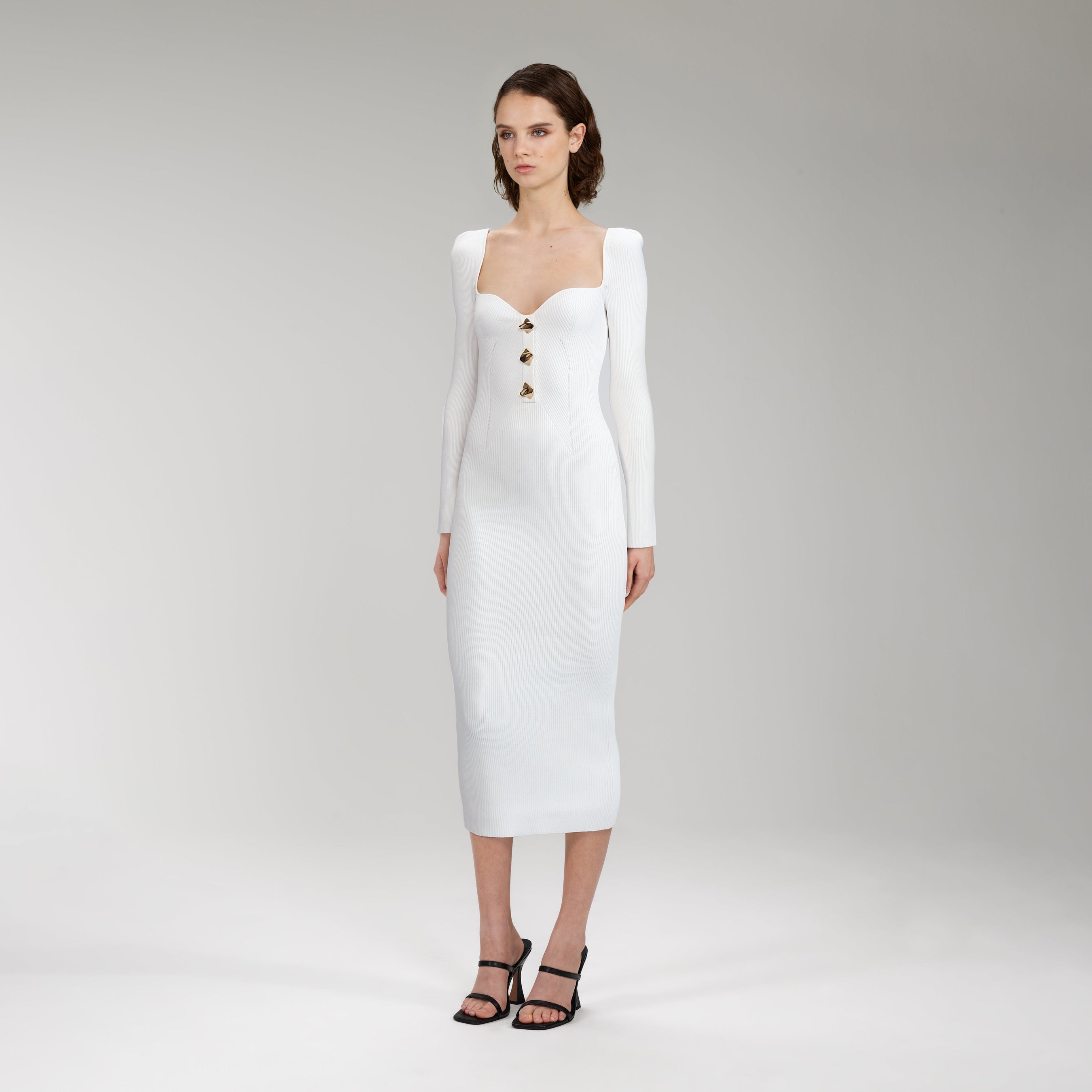 White Long Sleeve Ribbed Knit Midi Dress