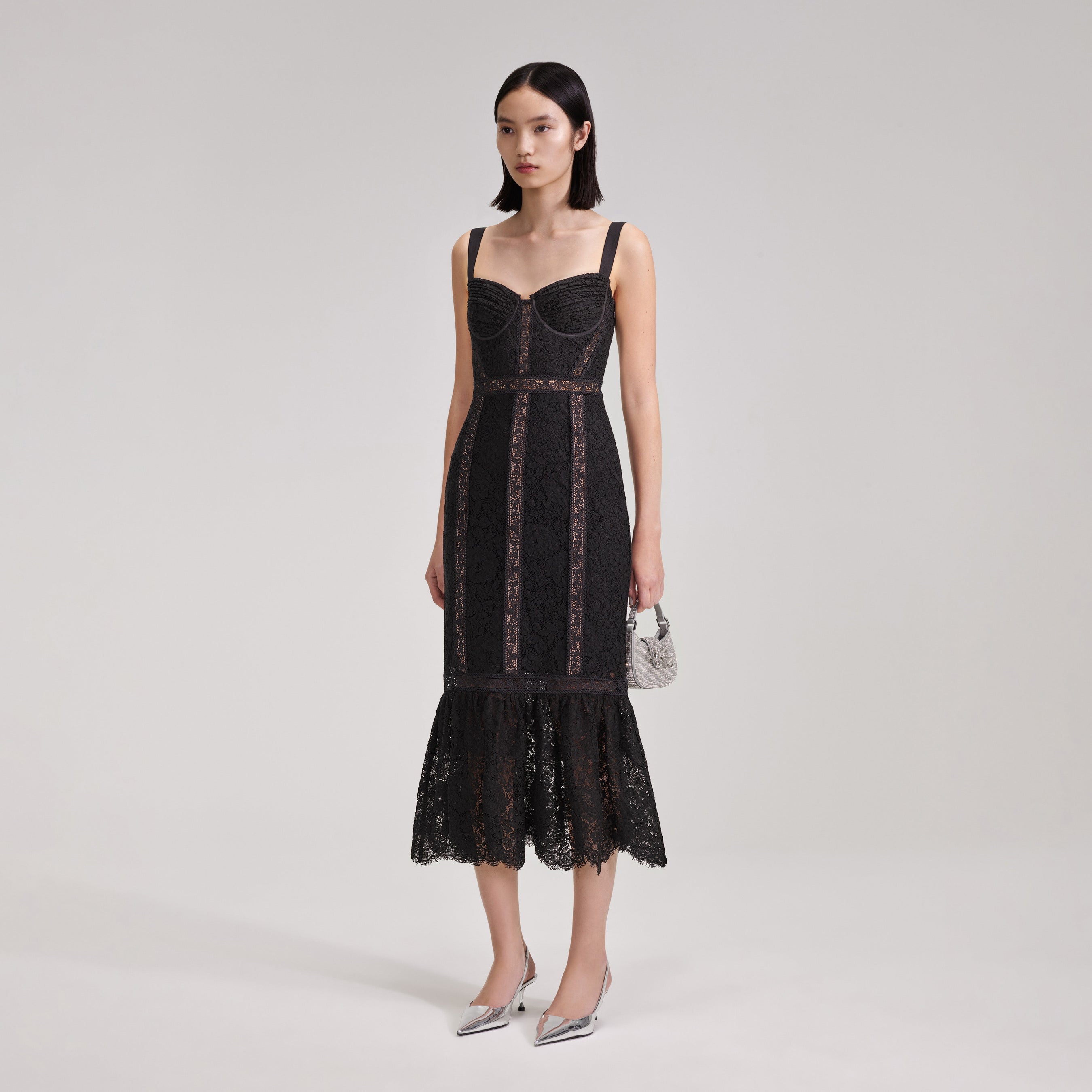 Black Cord Lace Insert Midi Dress