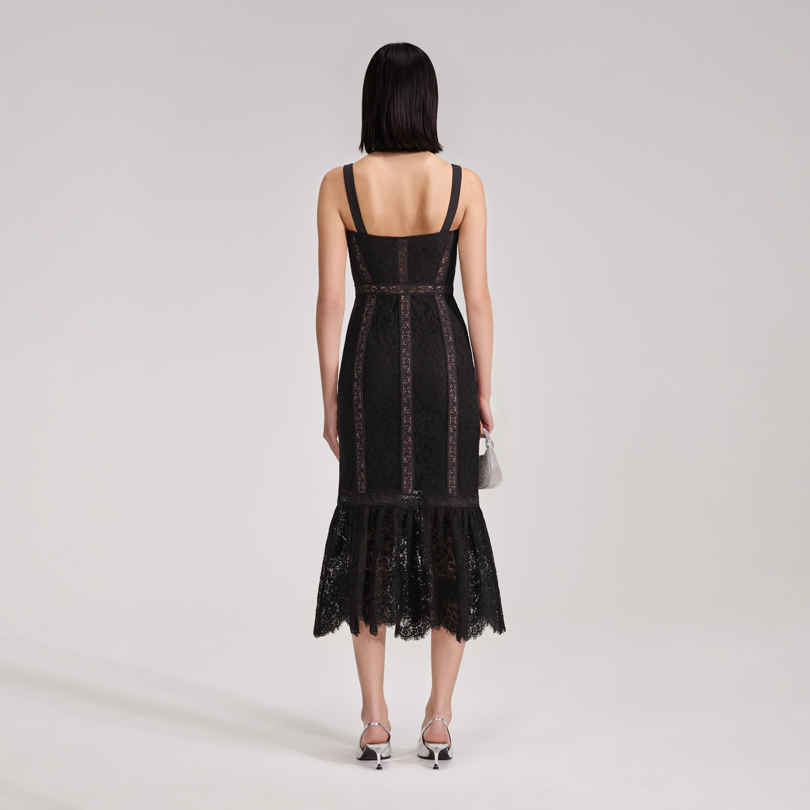 Black Cord Lace Insert Midi Dress