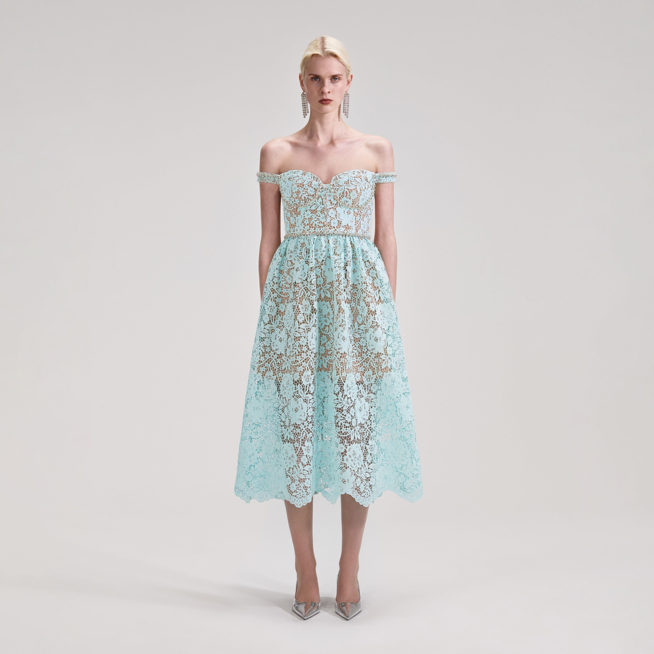 Blue Cord Lace Diamante Midi Dress