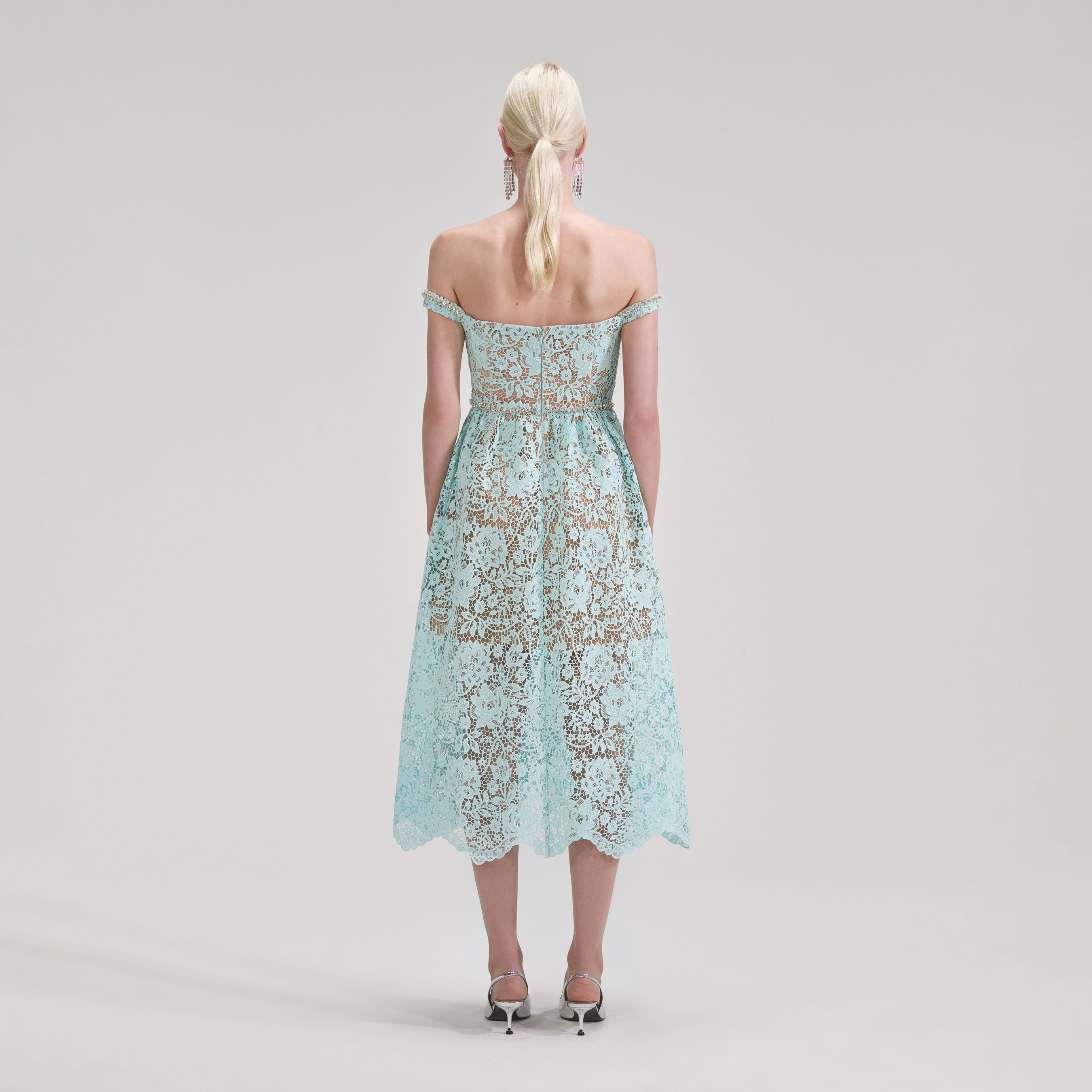 Blue Cord Lace Diamante Midi Dress