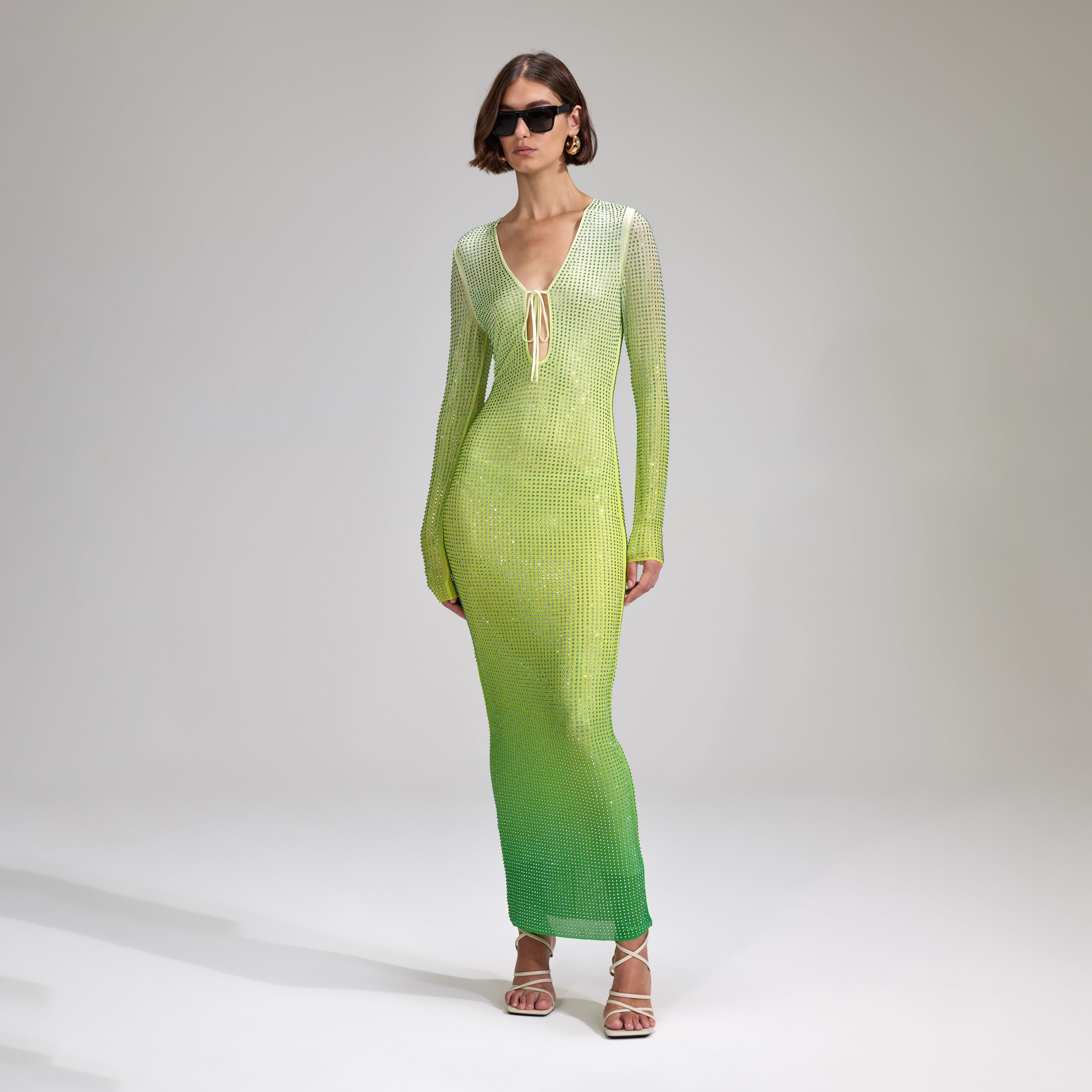 Green Rhinestone Mesh Keyhole Maxi Dress