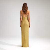 Yellow Rhinestone Mesh Maxi Dress