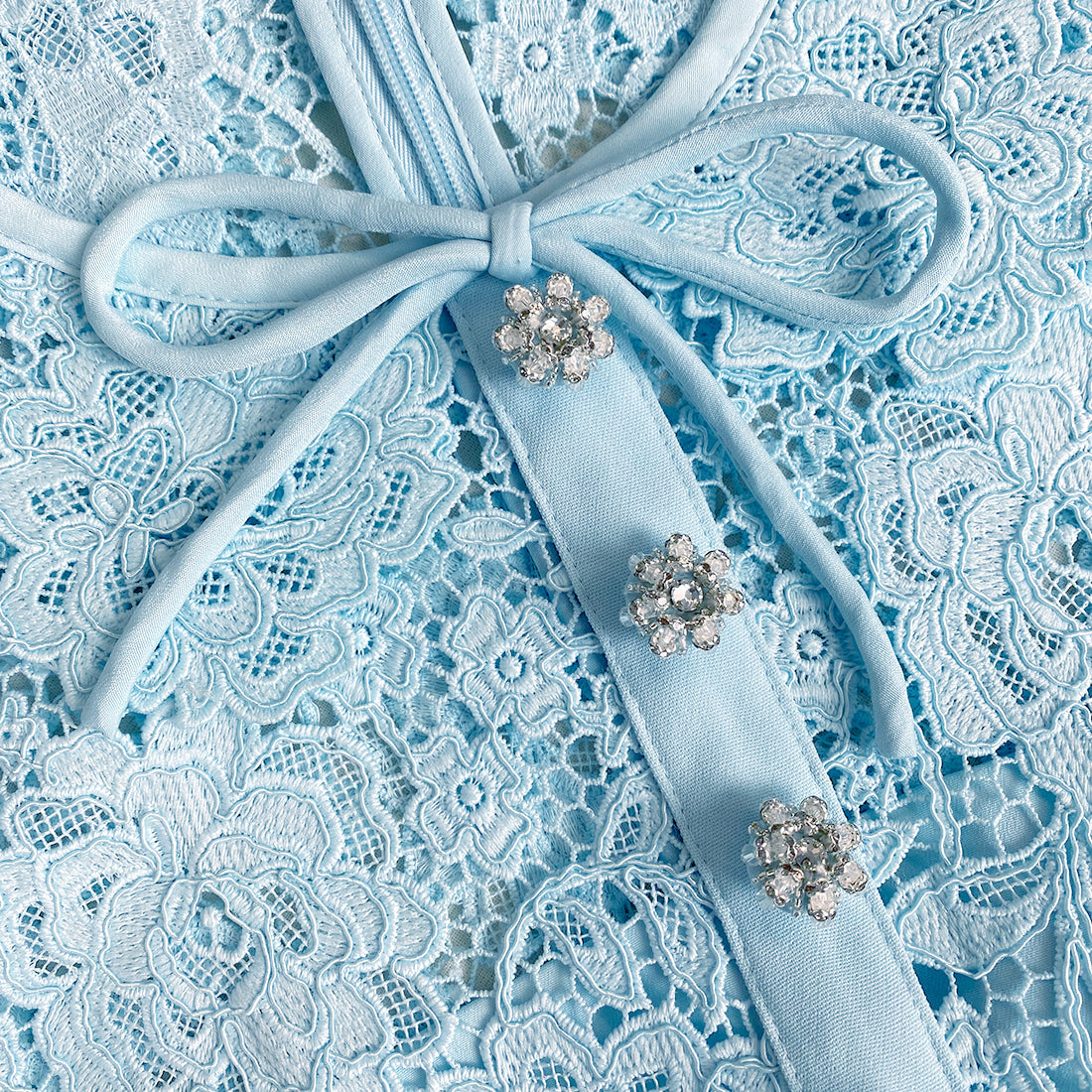 A close up of the fabric for the Pale Blue Cord Lace Midi Dress