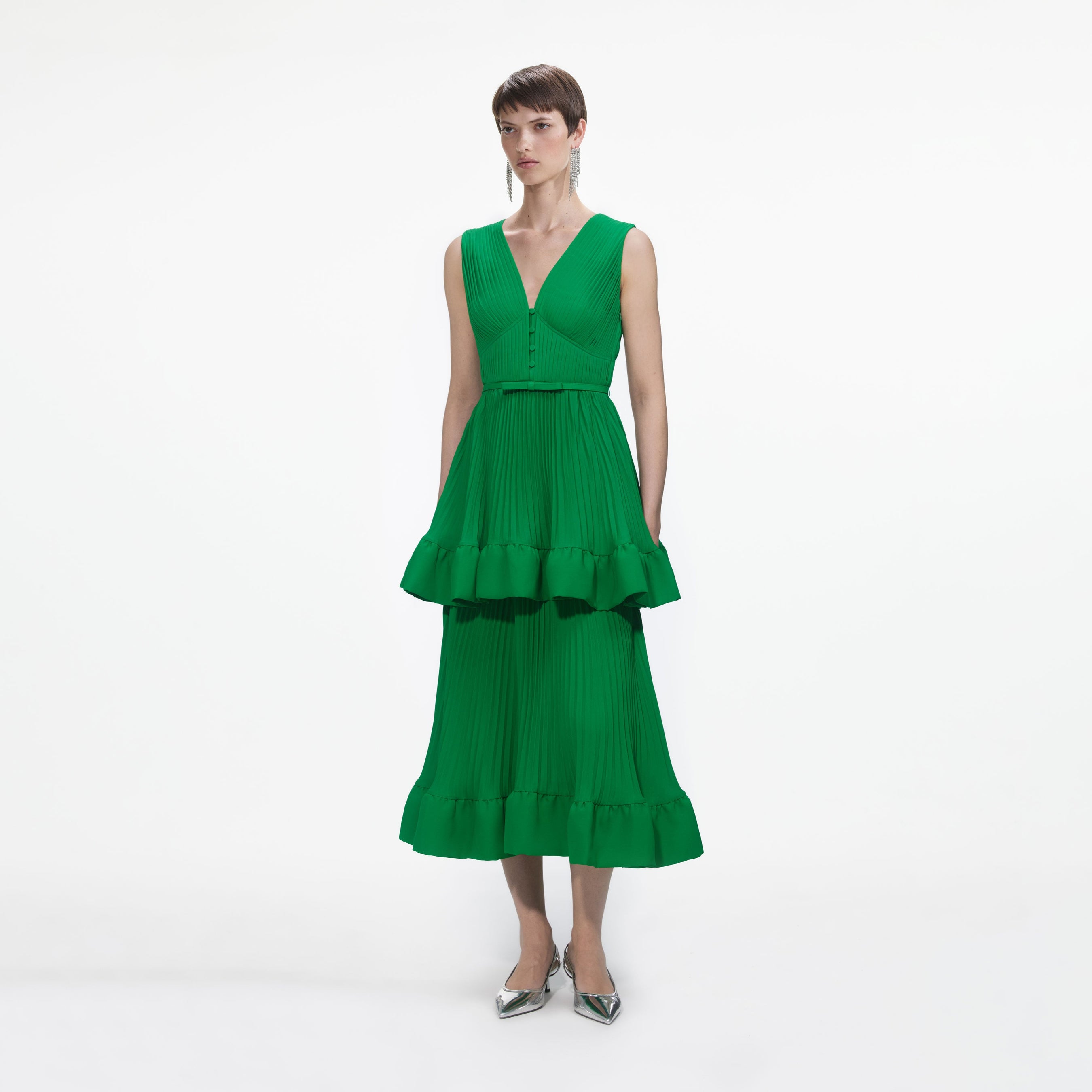 Green Tiered Chiffon Midi Dress