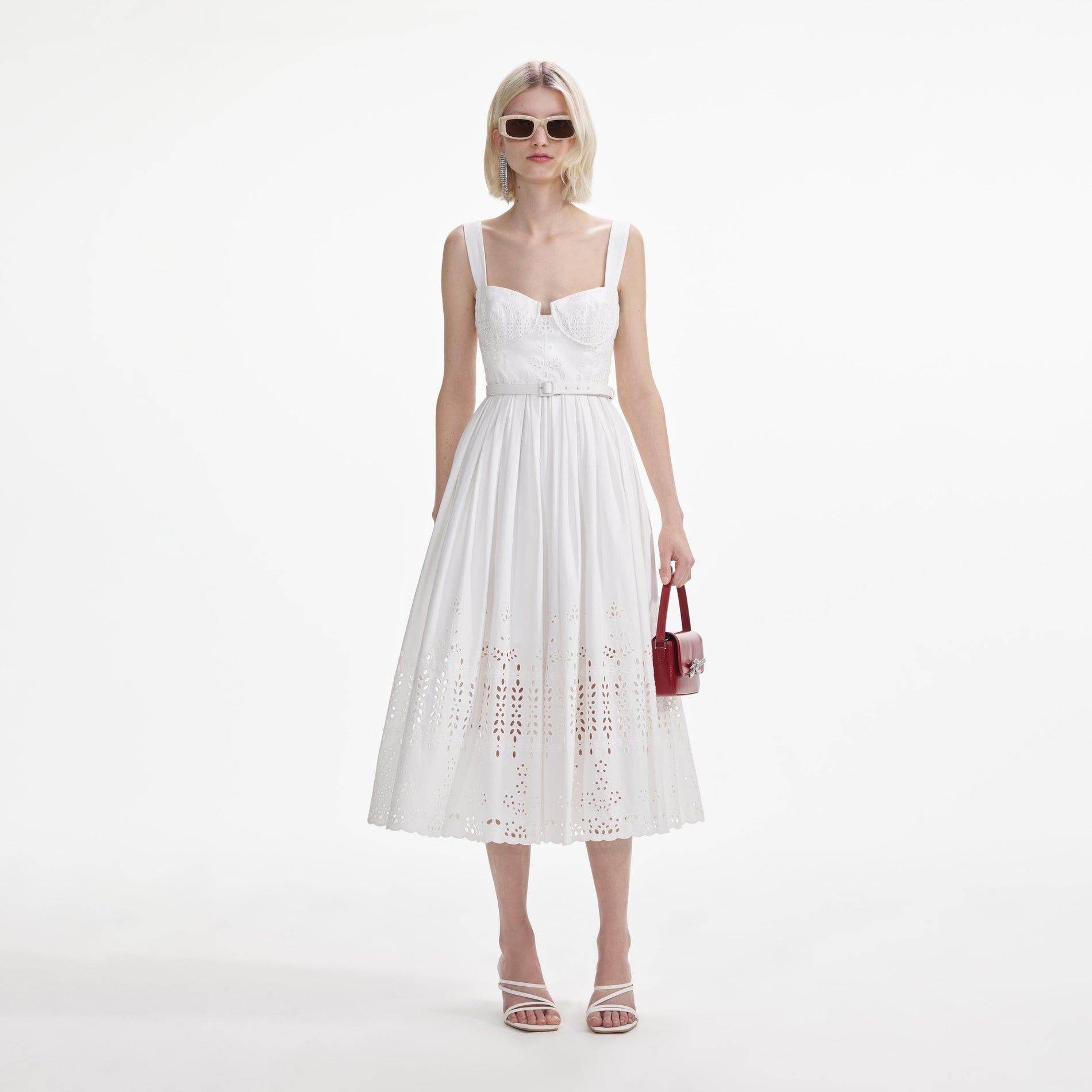 White Cotton Broderie Midi Dress