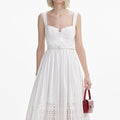 White Cotton Broderie Belted Midi Dress