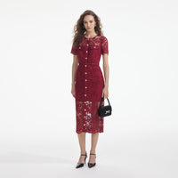 Red Guipure Lace Button Midi Dress