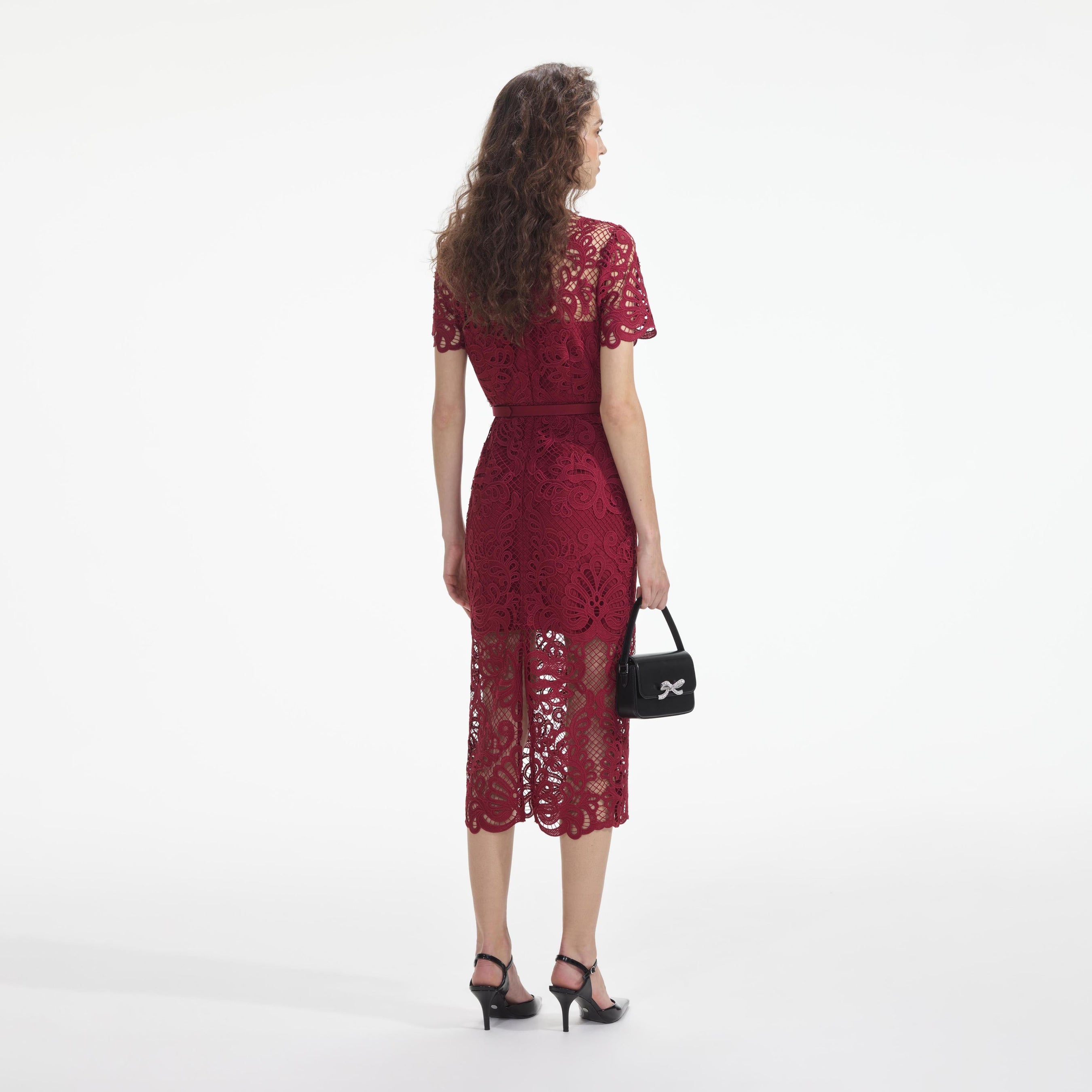 Red Guipure Lace Button Midi Dress