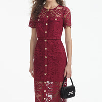 Red Guipure Lace Button Midi Dress