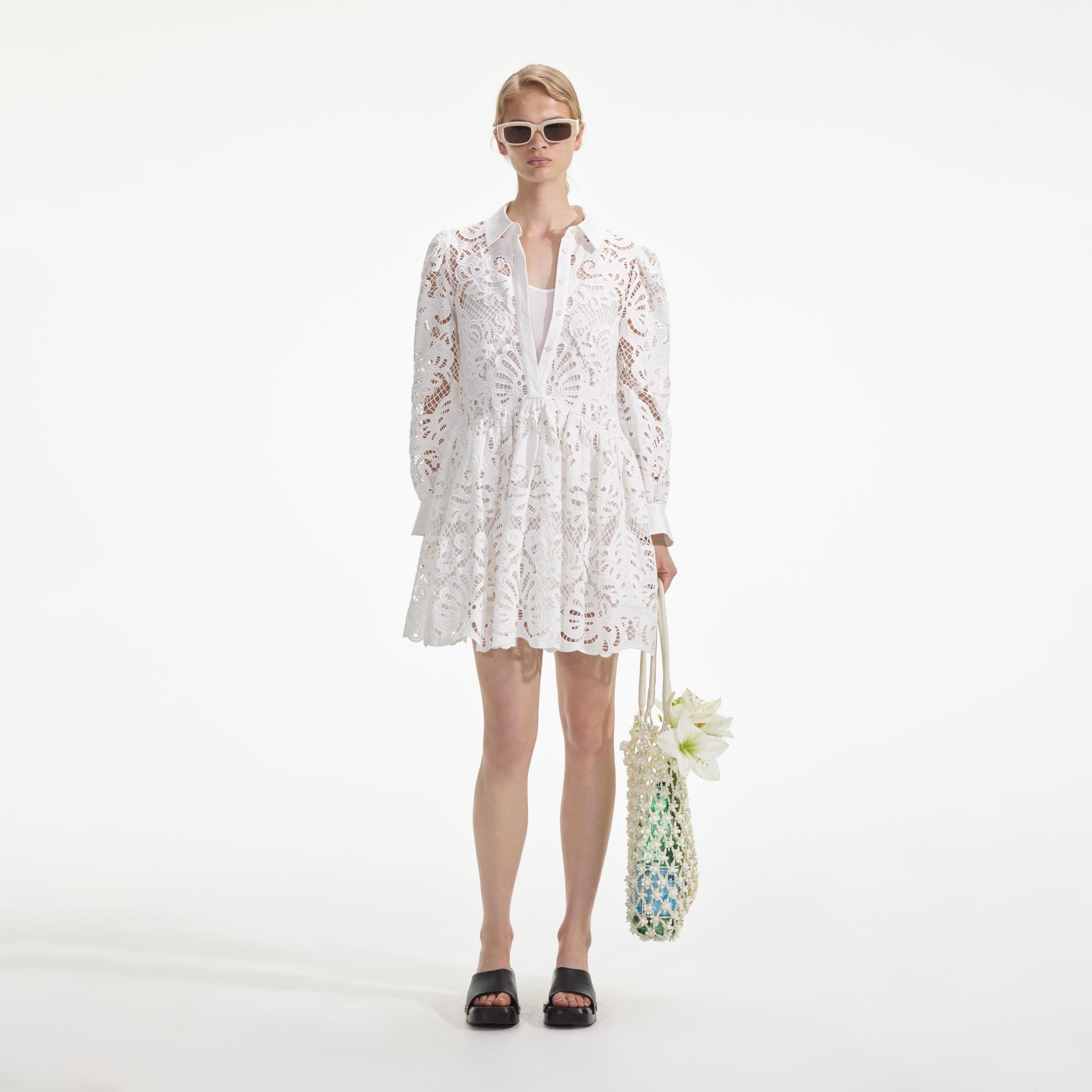 White Cotton Lace Mini Shirt Dress