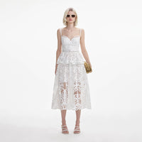 White Cotton Lace Tiered Midi Dress