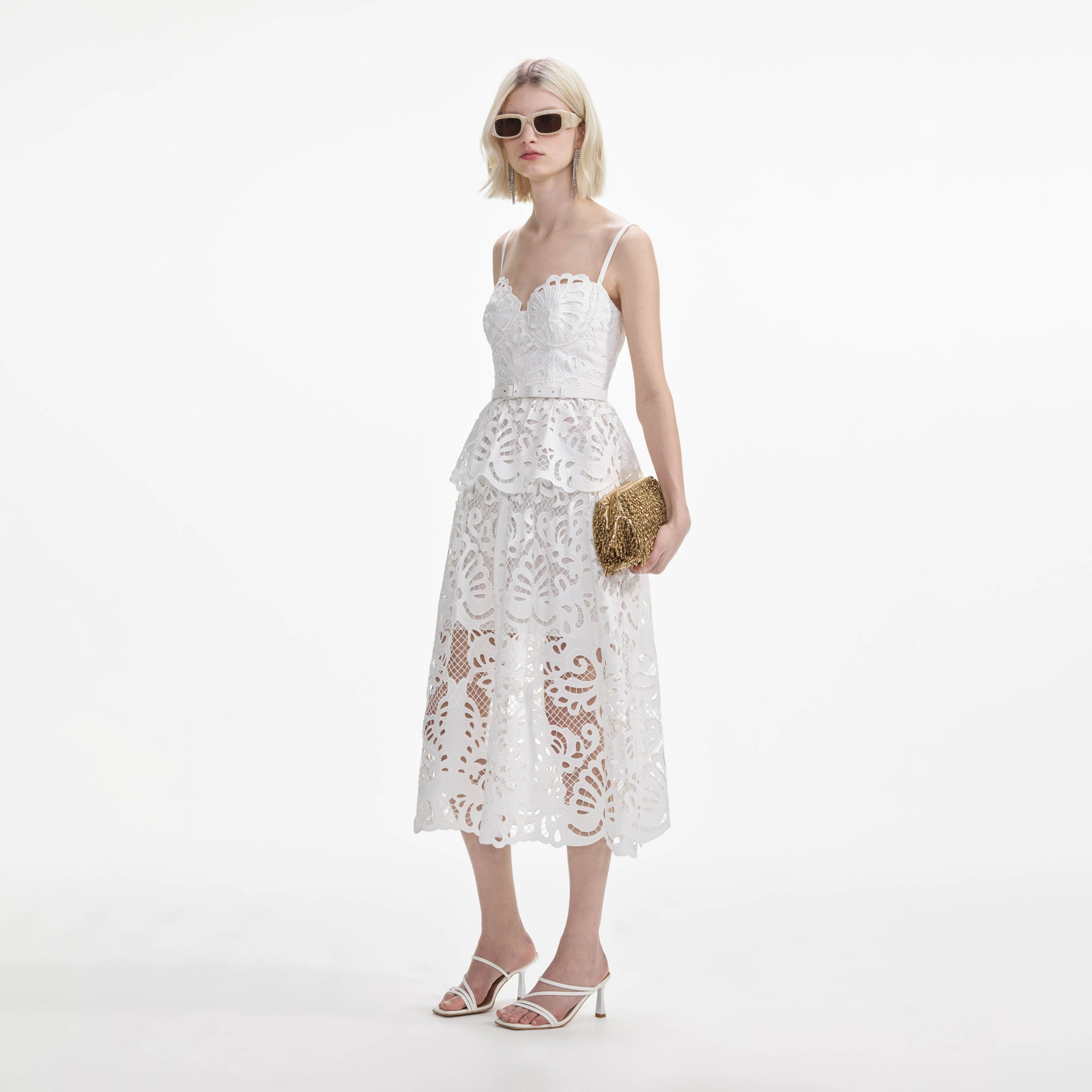 White Cotton Lace Tiered Midi Dress