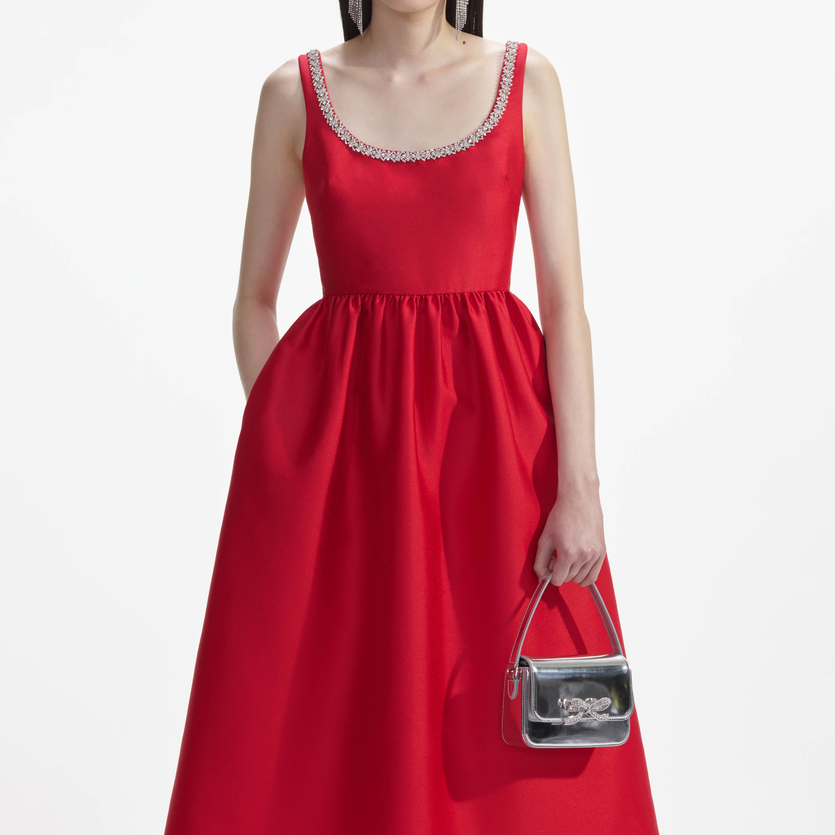 Red Taffeta Diamante Midi Dress