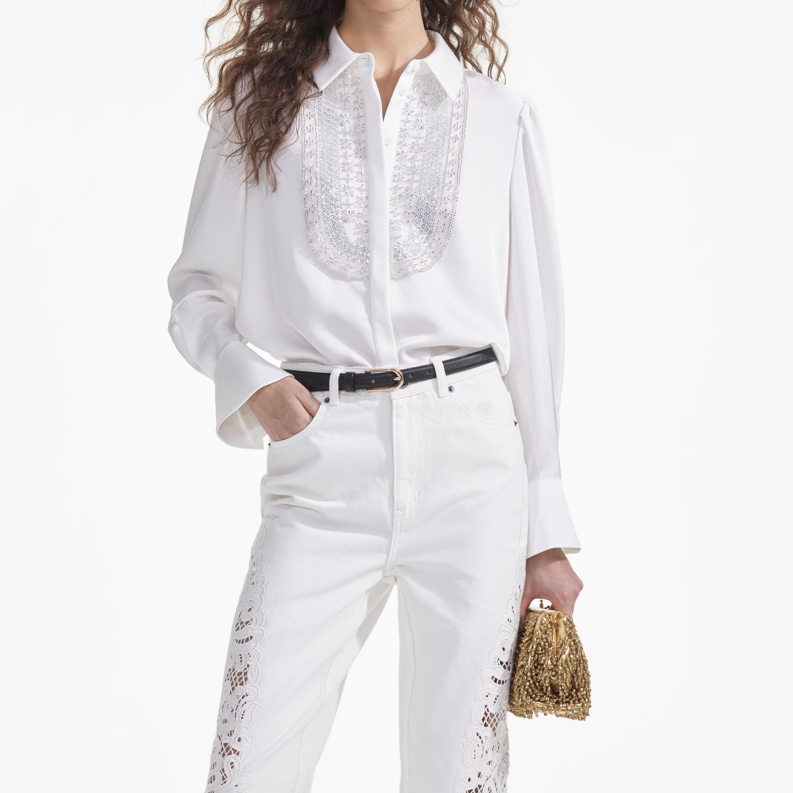 White Satin Embellished Bib Blouse