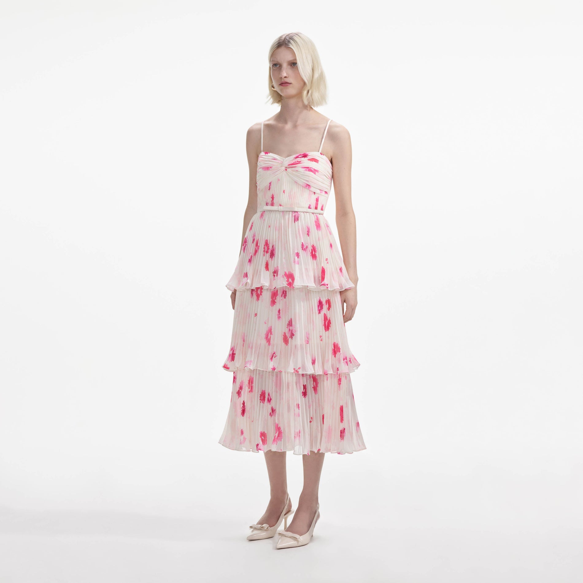 Side view of a woman wearing the Printed Chiffon Tiered Midi Dress