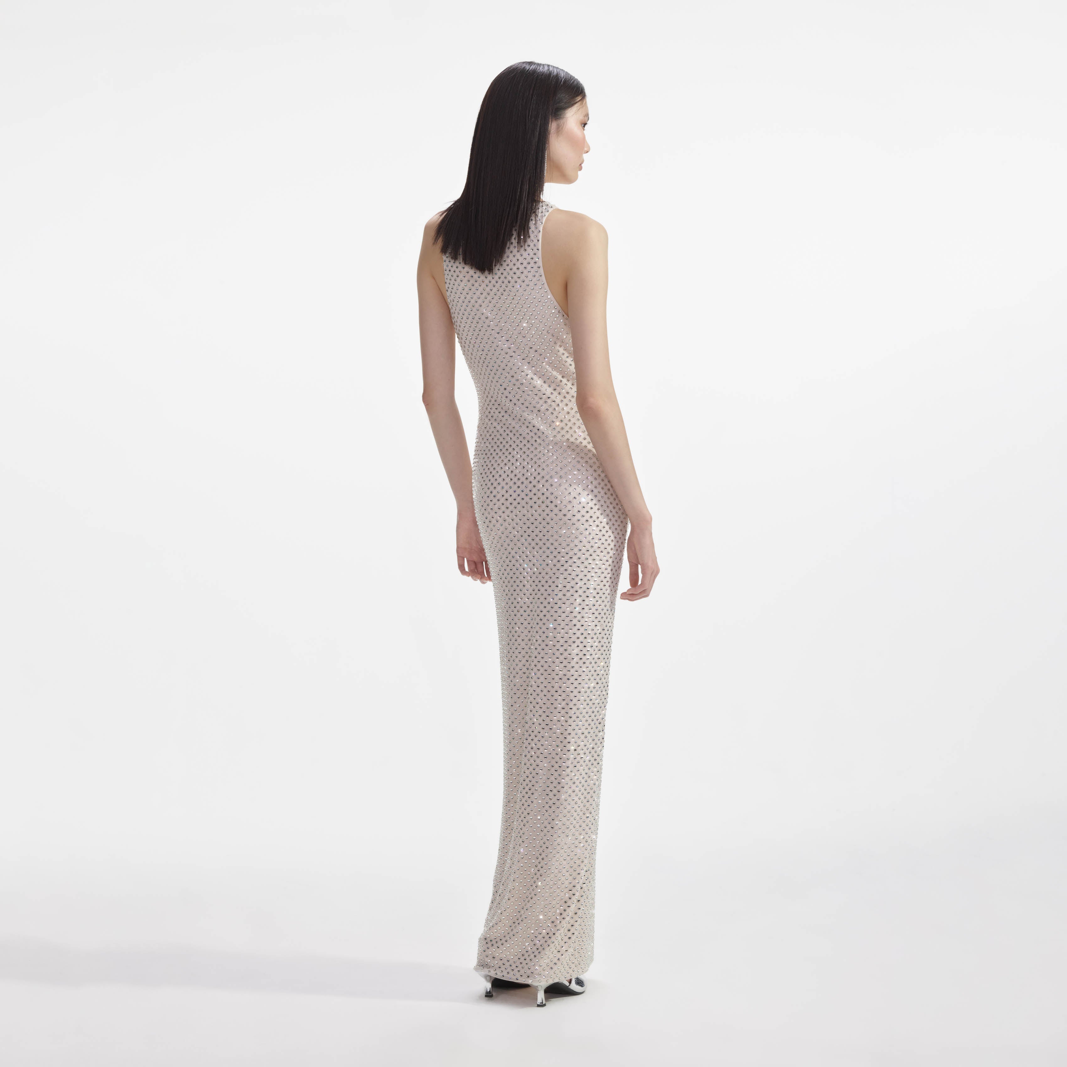 Cream Mesh Rhinestone Maxi Dress