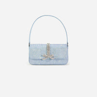 Blue Rhinestone Denim Baguette Bag