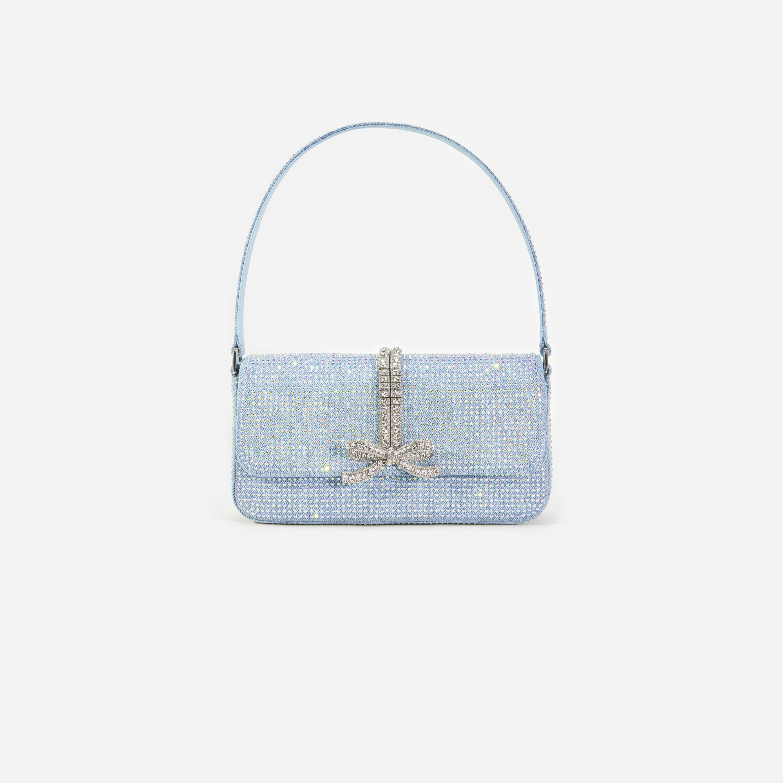 Blue Rhinestone Denim Baguette Bag