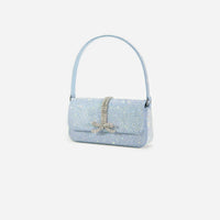 Blue Rhinestone Denim Baguette Bag