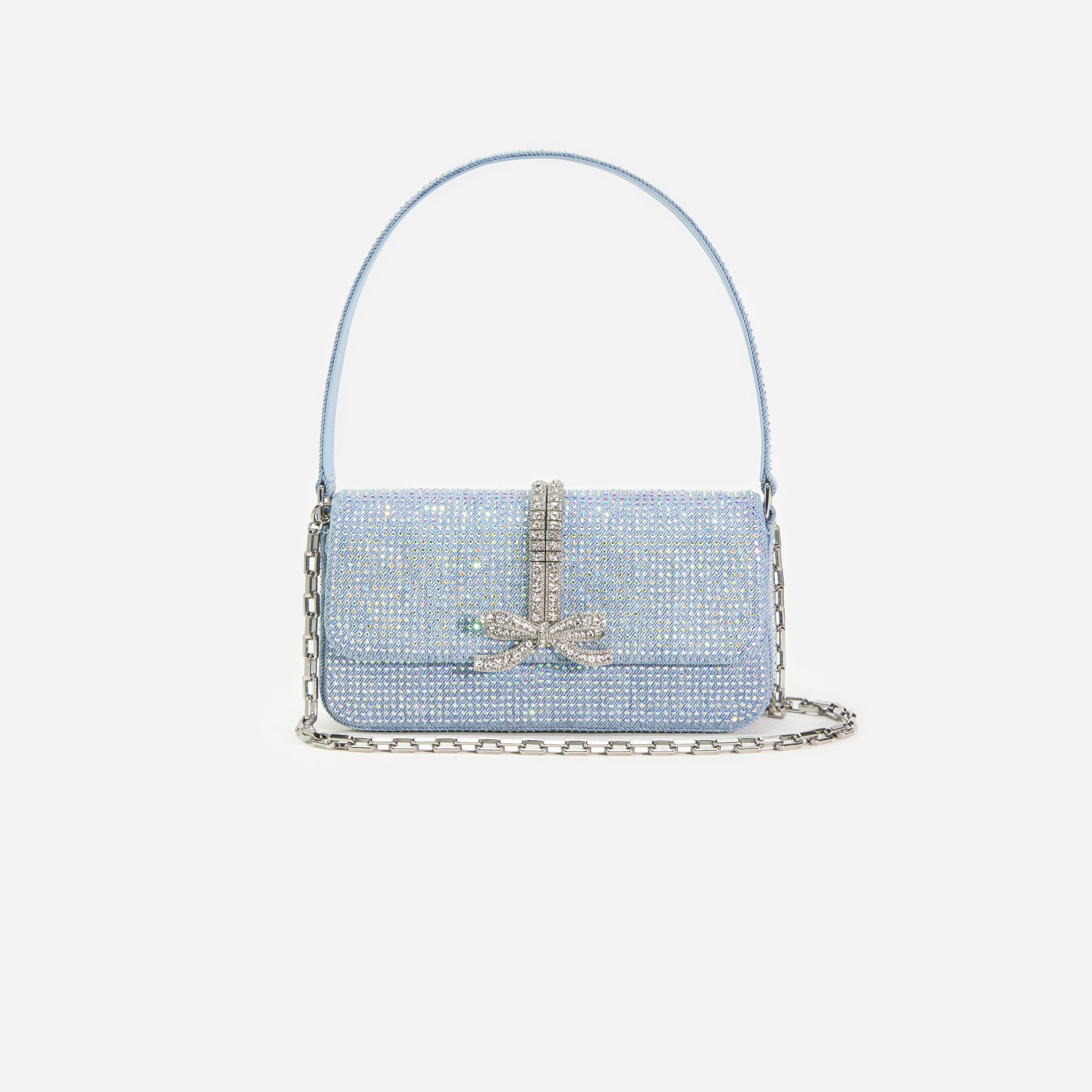 Blue Rhinestone Denim Baguette Bag