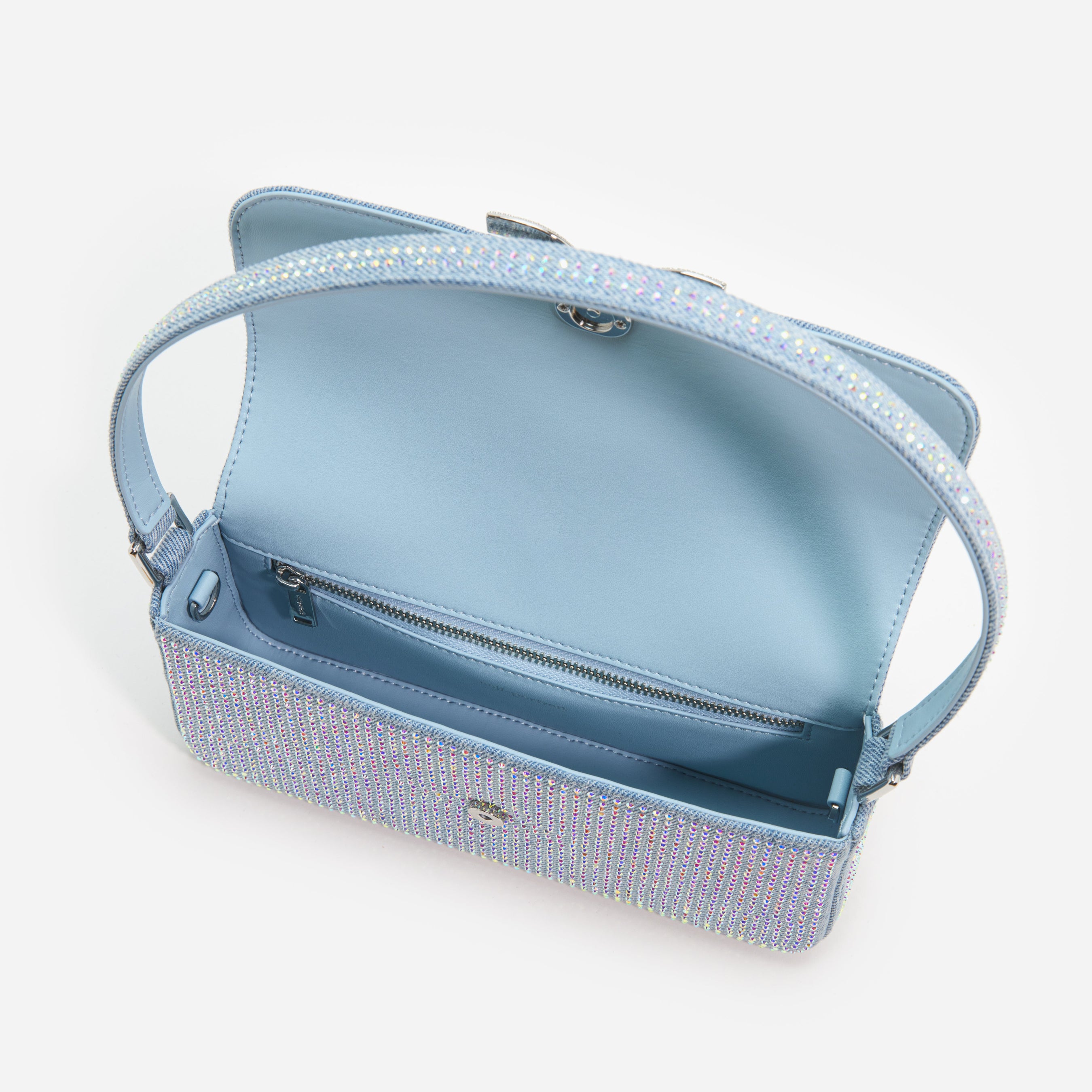 Blue Rhinestone Denim Baguette Bag