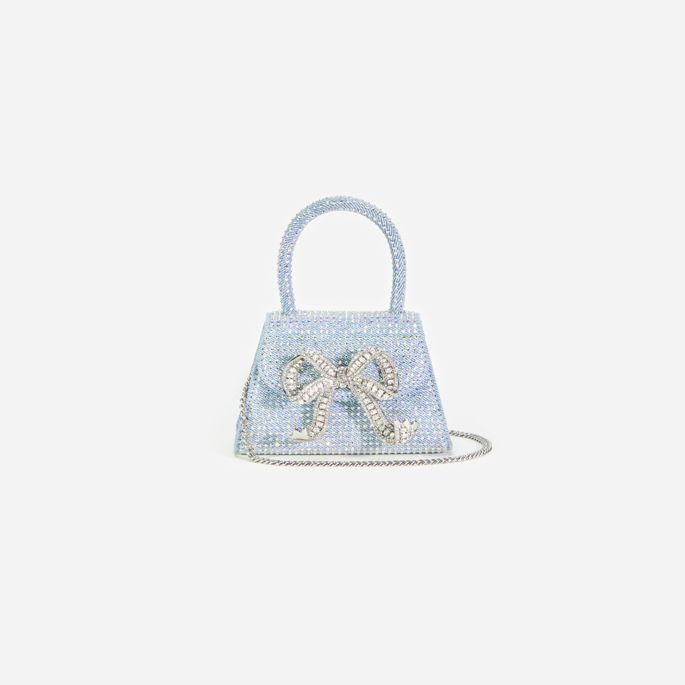 Blue Rhinestone Denim Micro Bow Bag