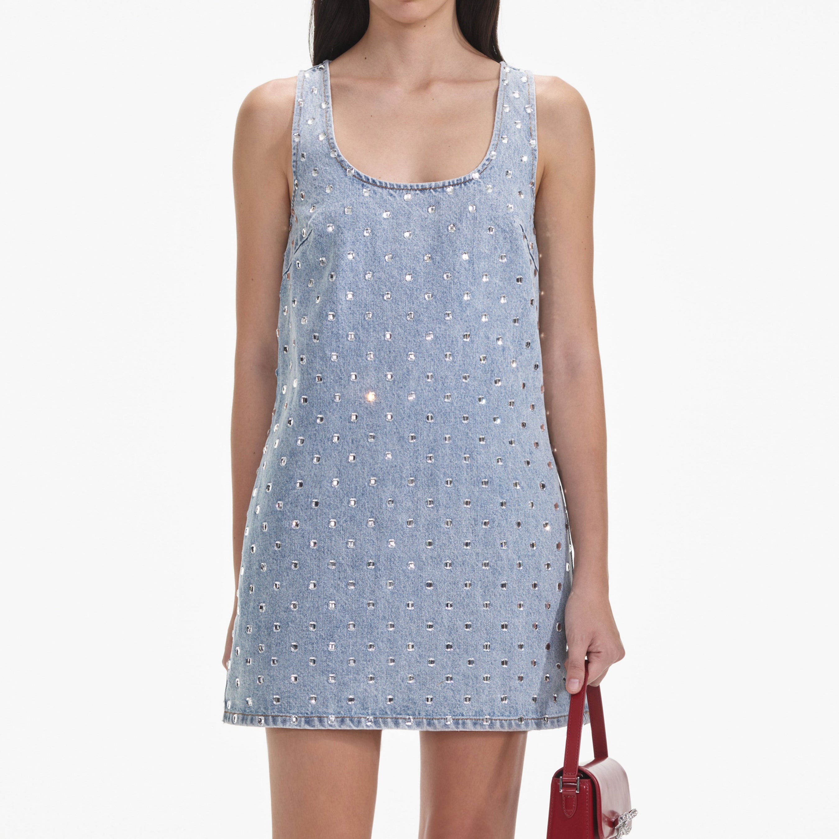 Square Rhinestone Denim Mini Dress