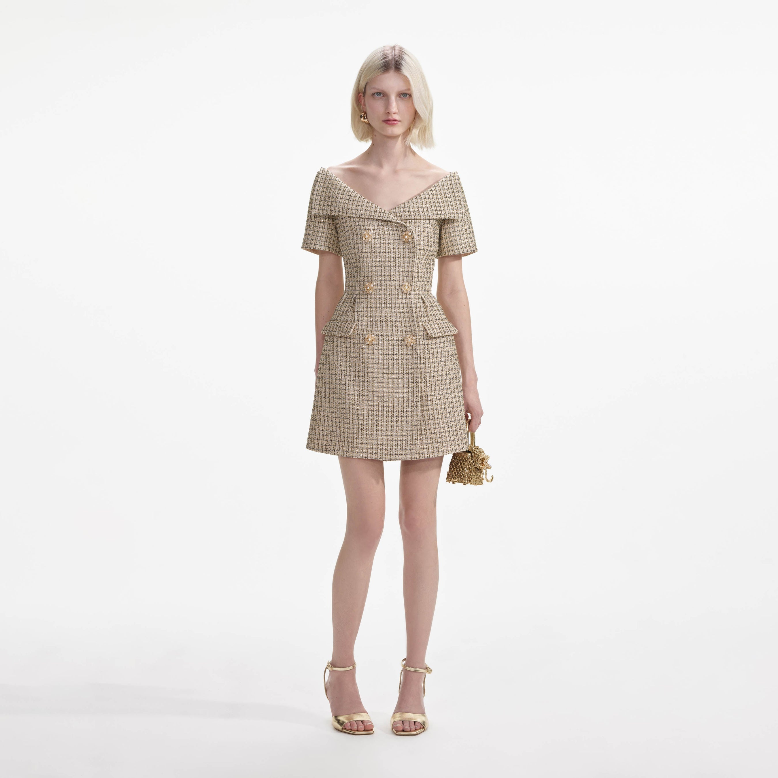 Gold Boucle Open Neck Mini Dress