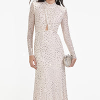 Champagne Rhinestone Mesh Midi Dress