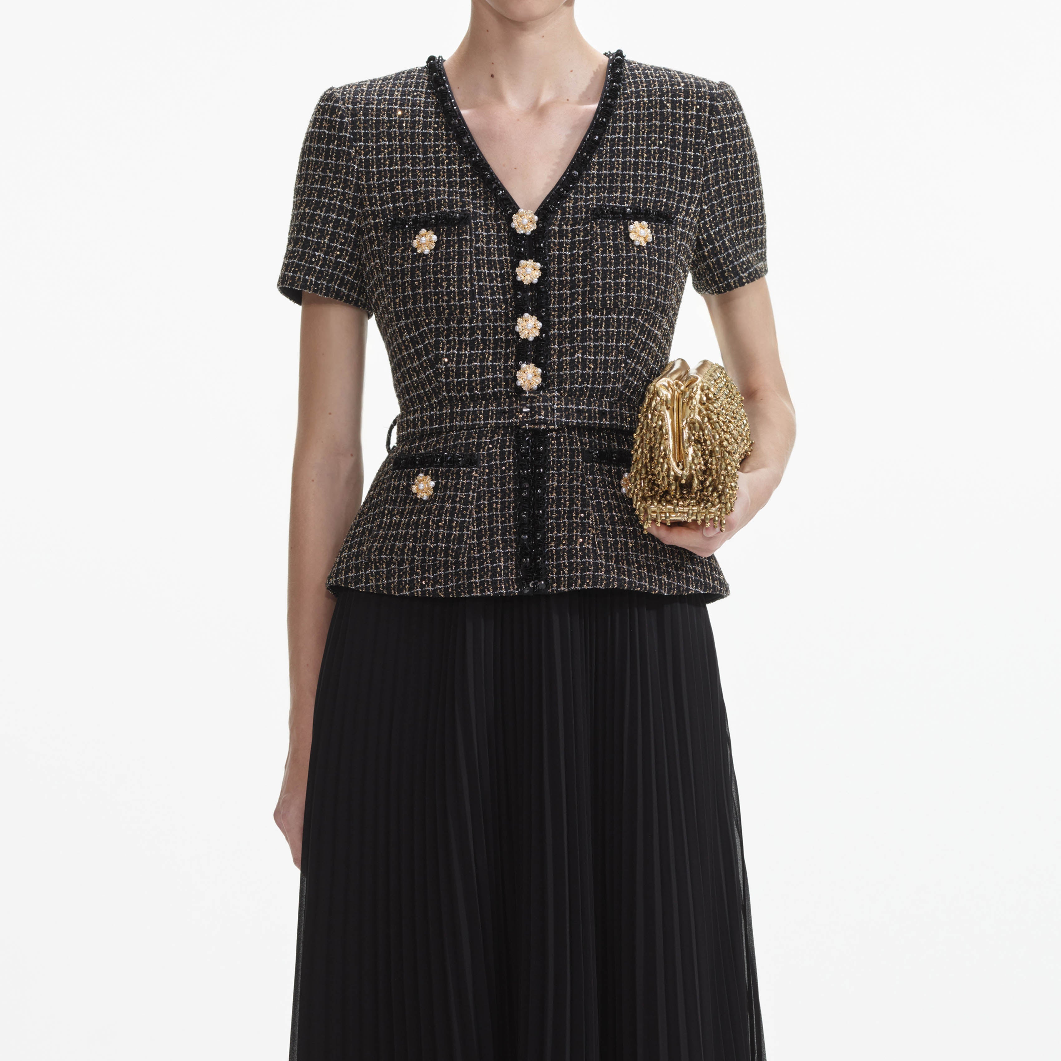 Black Boucle Chiffon Midi Dress