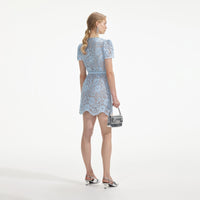 Blue Lace Diamante Bow Mini Dress