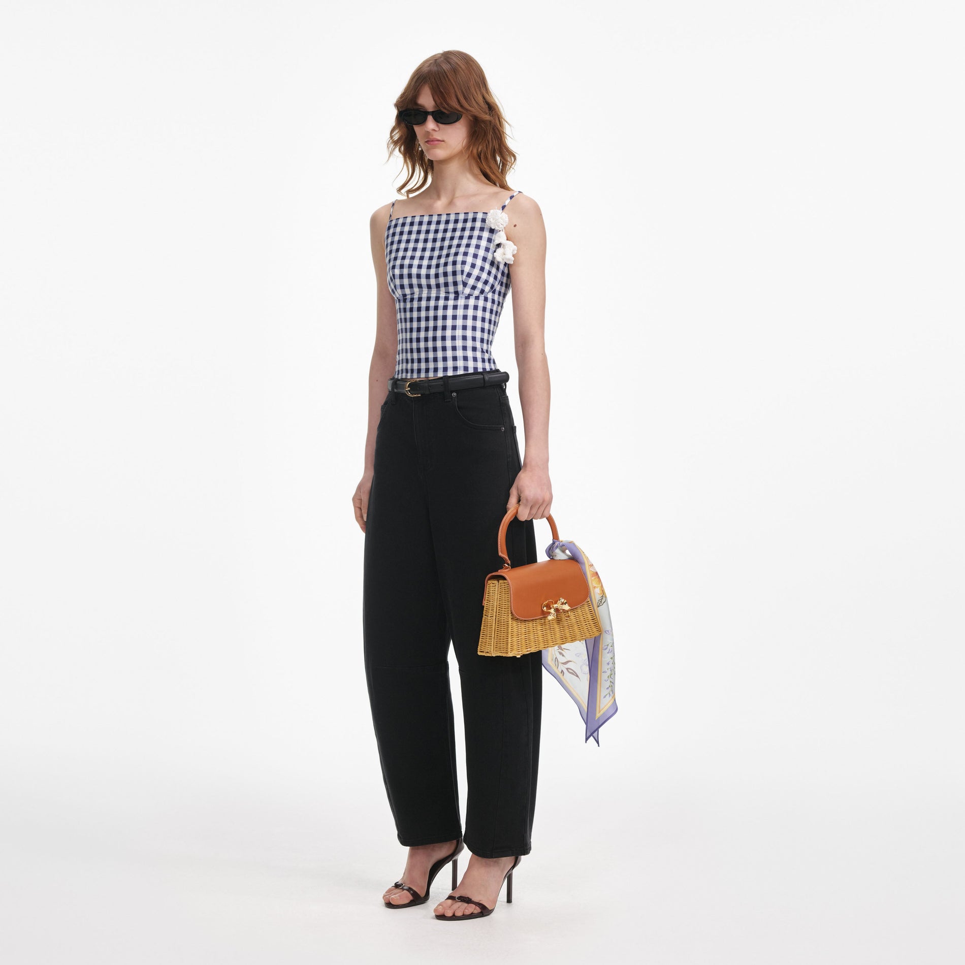 Side view of a woman wearing the Navy Gingham Taffeta Top