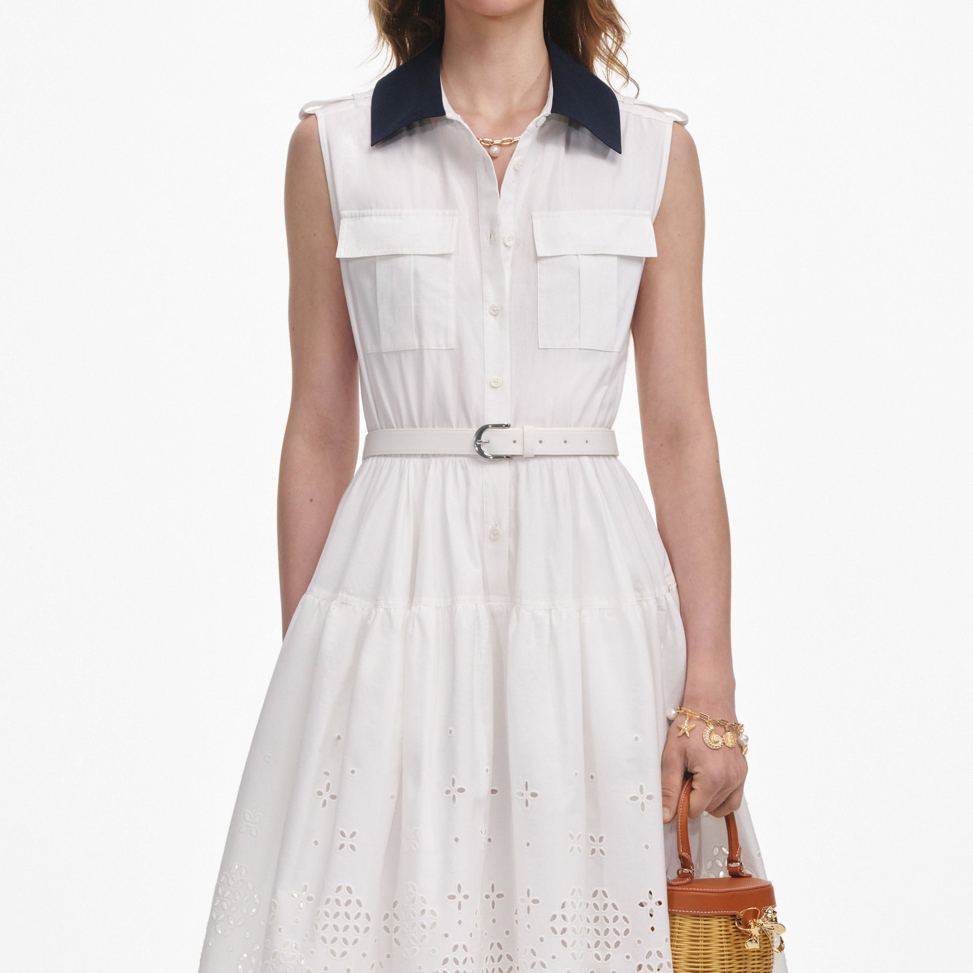 A close up of a woman wearing the White Contrast Collar Broderie Midi Dress