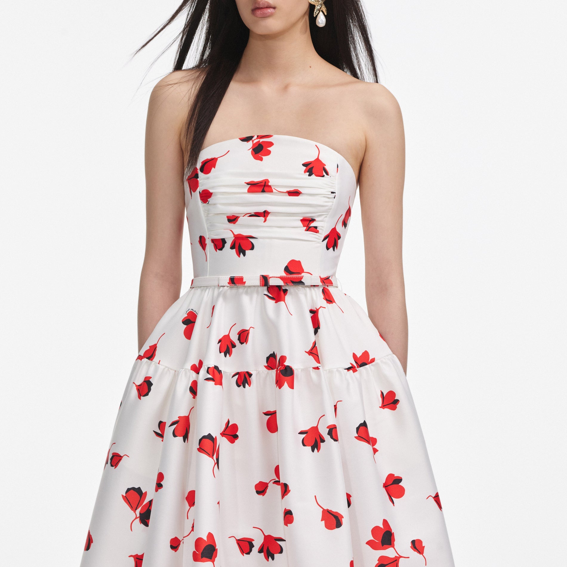 A close up of a woman wearing the Floral Print Taffeta Midi Dress