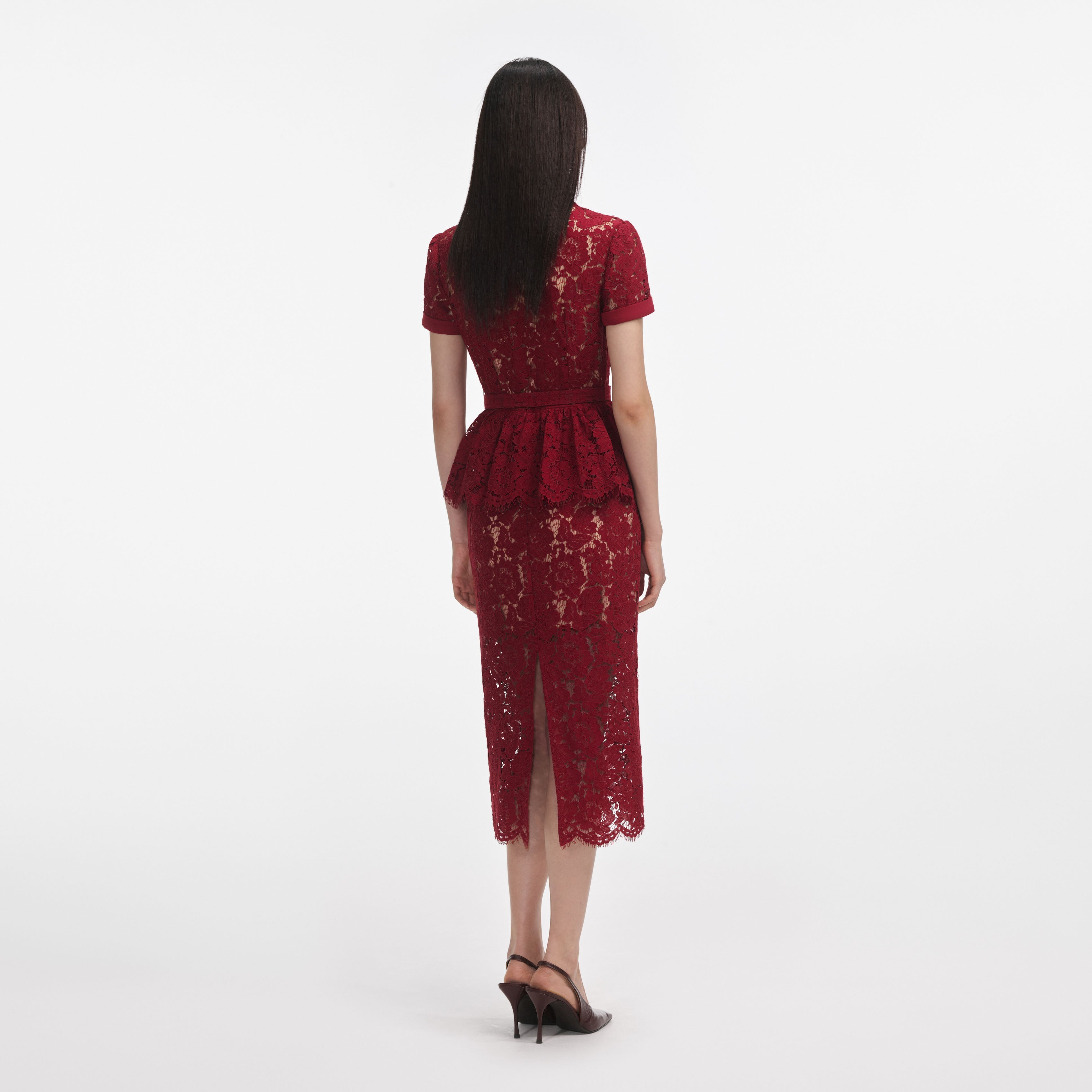 Burgundy Lace Peplum Midi Dress