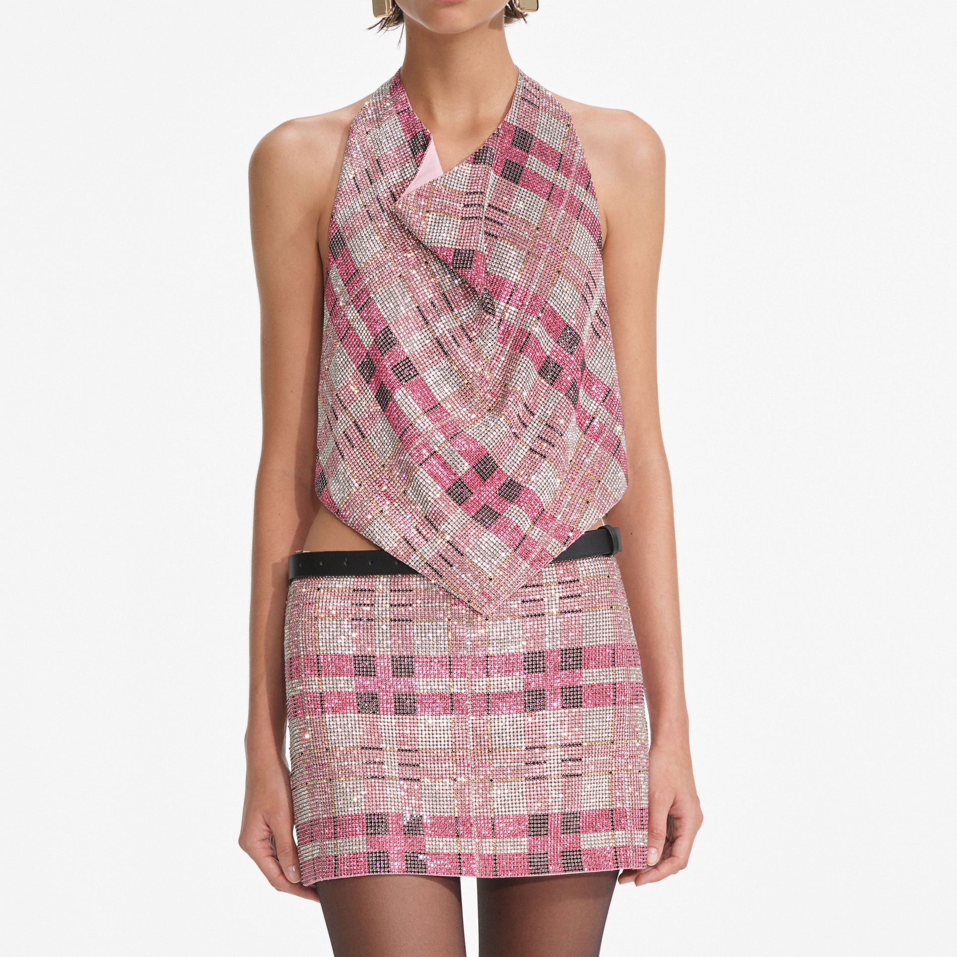 A close up of a woman wearing the Pink Check Chainmail Top